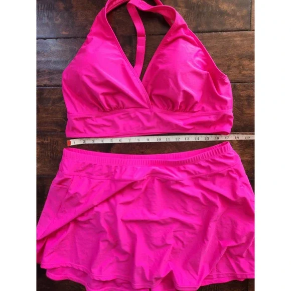 EUC Yonique Hot Pink Skirted Bikini Set - High- Waisted Tummy Control 20W Swim - Picture 6 of 11